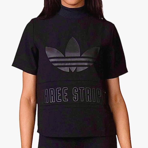Adidas Black on Black Trefoil Three Stripes Graphic High Neck Short Sleeve Top M - Picture 1 of 9